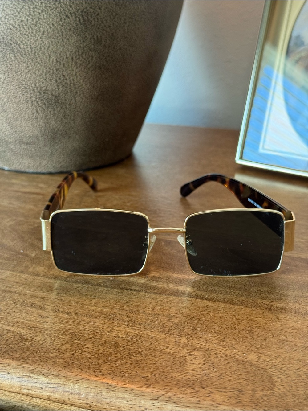 Gold Frame Black Lens Women's Sunglasses with Tortoiseshell Temples